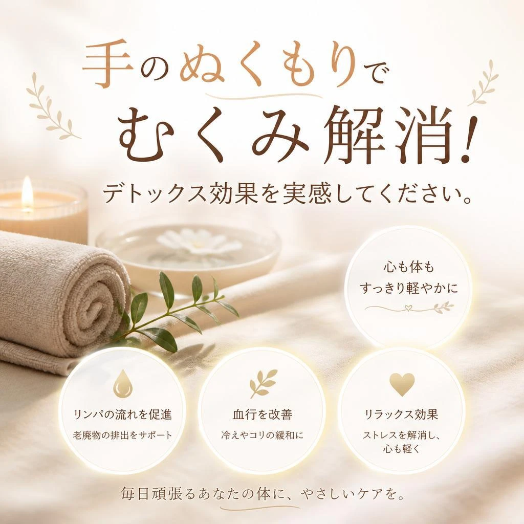 手のぬくもりでむくみ解消！デトックス効果を実感してください。