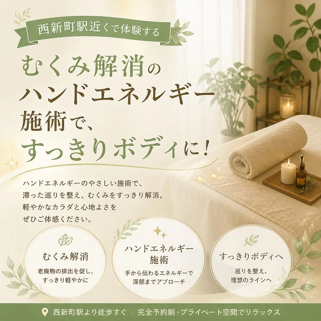 西新町駅近くで体験するむくみ解消のハンドエネルギー施術で、すっきりボディに！